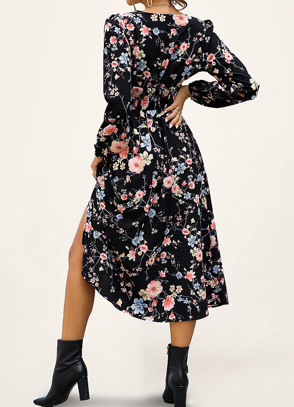 back Deltana Black Floral Print Long Sleeve Midi Dress