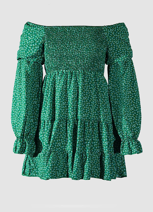 front rivière Émeraude Sombre Minirobe fleurie à manches bouffantes