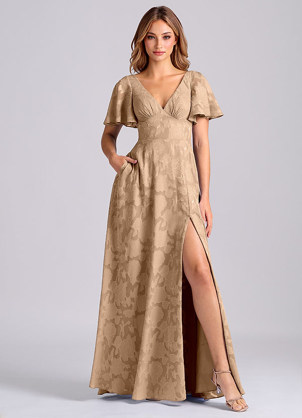 Azazie Kimber 신부 들러리 드레스 A라인 포켓이 있는 플로럴 번아웃 바닥 길이 드레스 image1