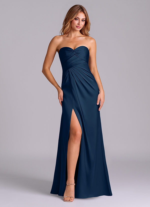 Azazie Sabrine Bridesmaid Dresses Dark Navy A-Line Sweetheart Neckline Stretch Satin Dress image1