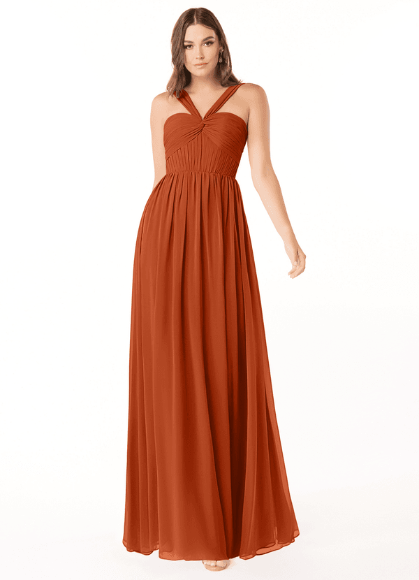 Azazie Dionne Robes Demoiselle d'honneur Robe Trapèze en Mousseline de soie Corset Orange Brûlée image1