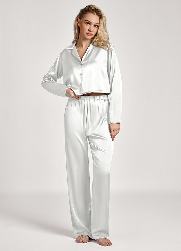 front Weiß Pyjama-Set mit Satinkragen und langen Ärmeln