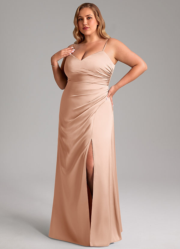 Azazie Azuree Bridesmaid Dresses Rose Gold A-Line Pleated Stretch Satin Dress image1