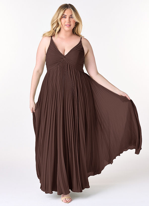 Azazie Raychelle Robes de demoiselle d'honneur Robe Trapèze en Mousseline de soie Col en V Ganache image1
