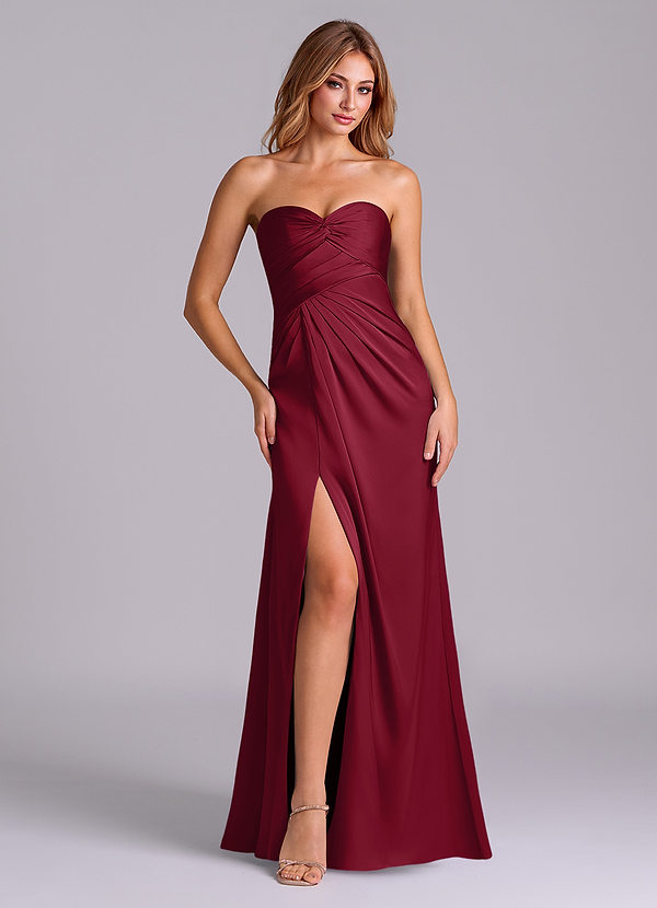 Azazie Sabrine Bridesmaid Dresses Burgundy A-Line Sweetheart Neckline Stretch Satin Dress image1
