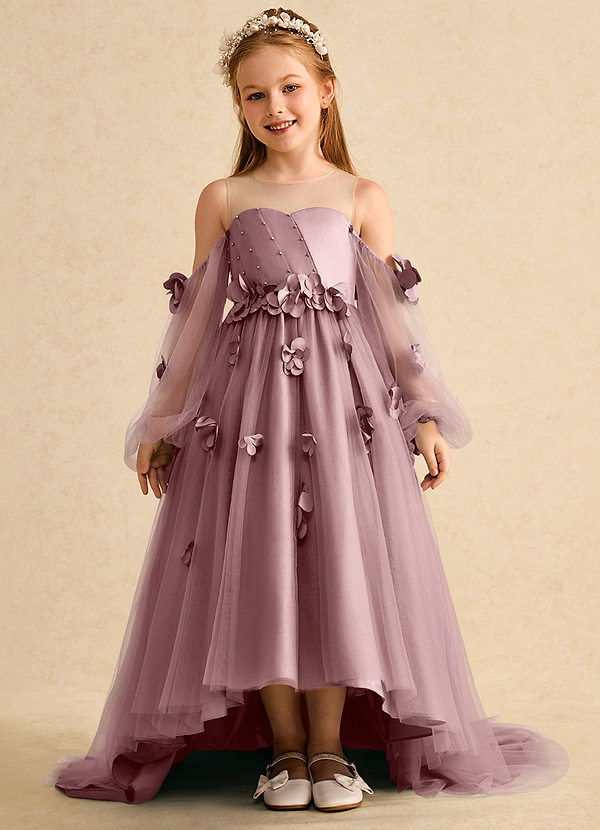 Azazie Karrie Robes de Fillette d'Honneur Robe Trapèze en Tulle avec manches Rose Poussiéreuse image1
