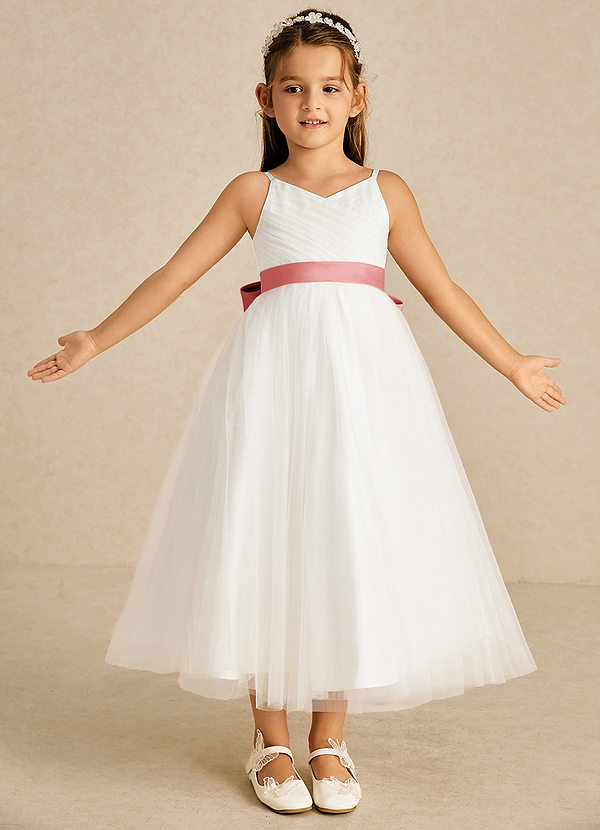 Azazie Lea Vestidos de Niña de Flores Vestido de Coral de Tul de Corte En A con Tirante Espagueti image1