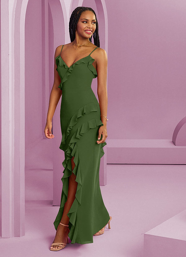 Barbie ♥ Azazie Robes Demoiselle d'honneur Robe Fourreau en Mousseline de soie Olive image1