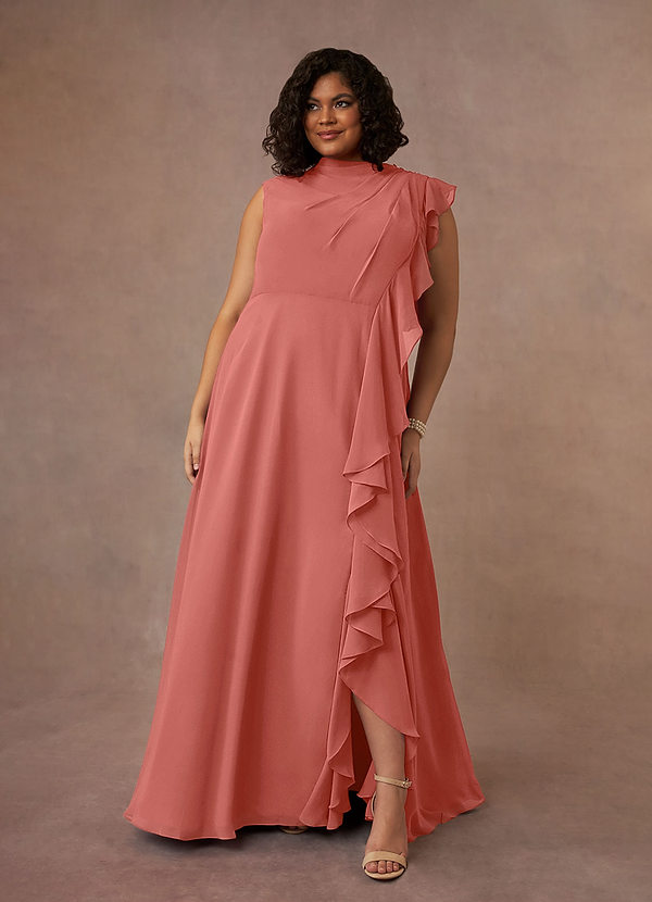 Azazie Narine Mother of the Brides Dresses Salmon Pink A-Line High Neckline Pleated Chiffon Dress image1