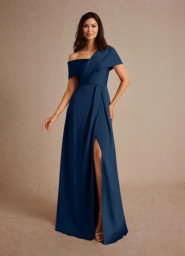 Azazie Milton Dark Navy A-Line Pleated Stretch Satin Dress | Azazie