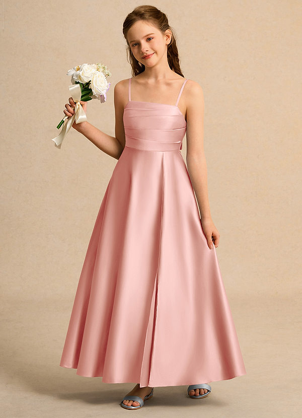 Azazie Pebbles Girl Bloemenmeisjes Jurken A-Lijn Jurk van Mat Satijn Geplooid Rozet image1