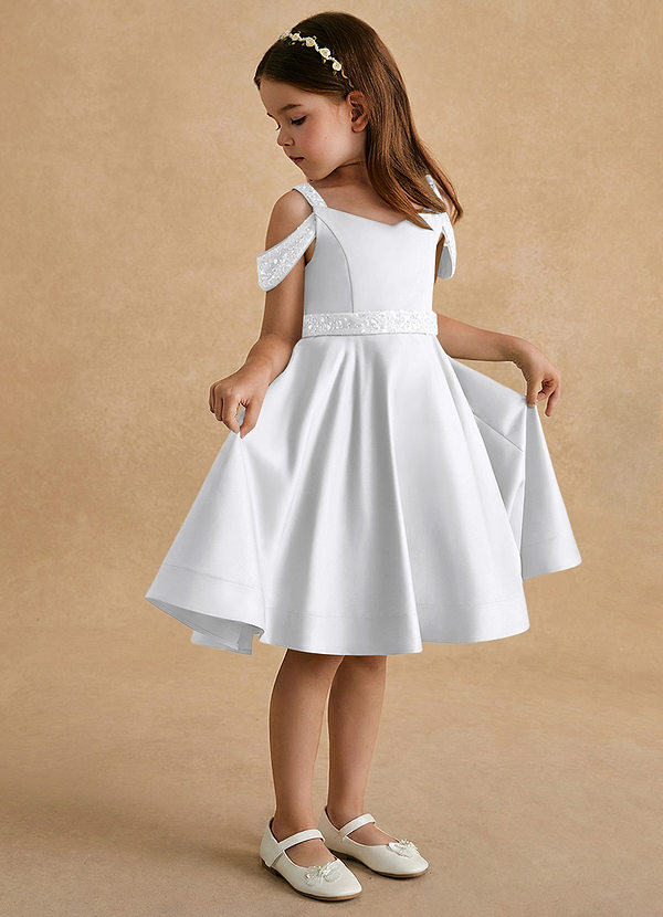 Azazie Judi Flower Girl Dresses White A-Line Matte Satin Dress image1