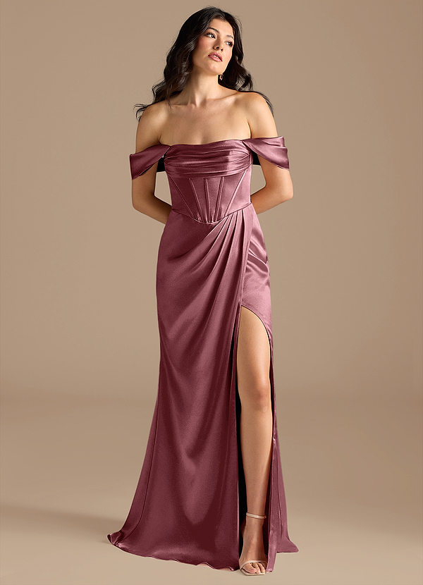 Azazie Lynden Bridesmaid Dresses Desert Rose Sheath Off the Shoulder Metallic Satin Convertible Dress image1