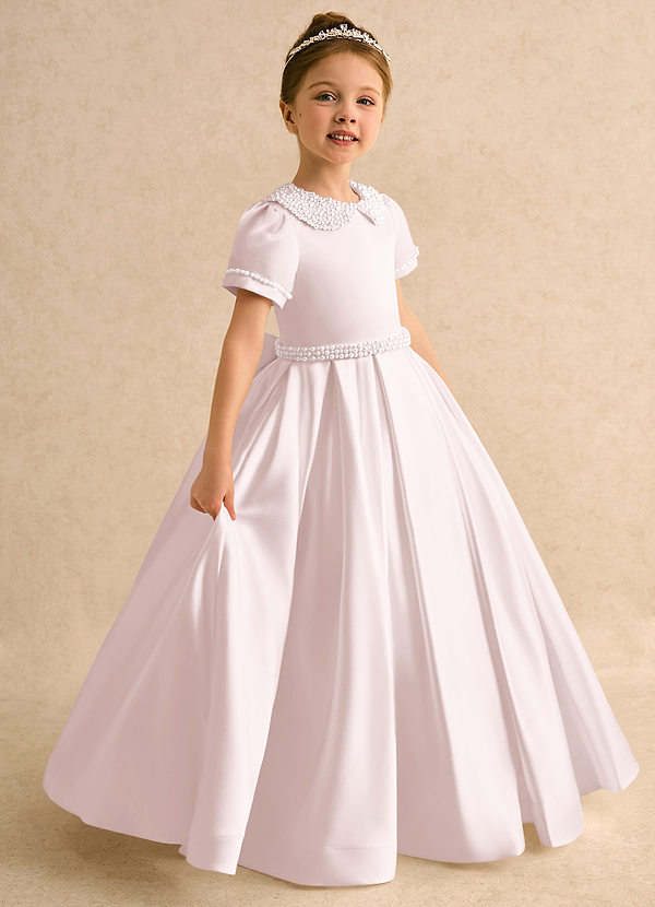 Azazie Gabriella Flower Girl Dresses Blushing Pink Ball-Gown with Sleeves Matte Satin Dress image1