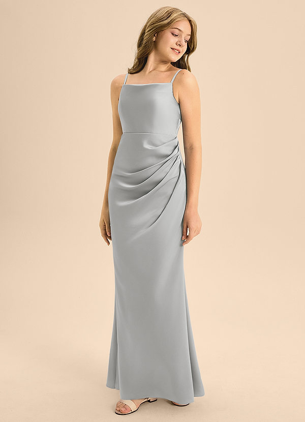 Azazie Renna Junior Vestido de Plata de Satén Elástico de Corte En A con Plisado image1