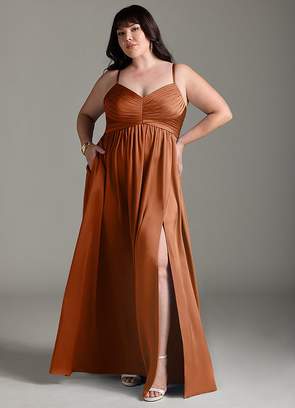 Azazie Alia Bridesmaid Dresses Copper A-Line Pleated Stretch Satin Dress image1