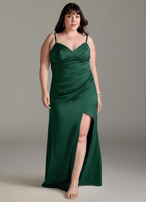 Azazie Yola Bridesmaid Dresses Dark Green Sheath V-Neck Pleated Stretch Satin Convertible Dress image1