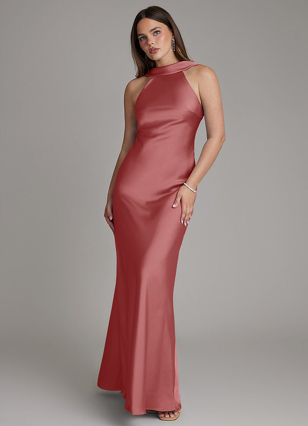 Azazie Dimitra Bridesmaid Dresses Antique Rose Sheath Pleated Stretch Satin Dress image1