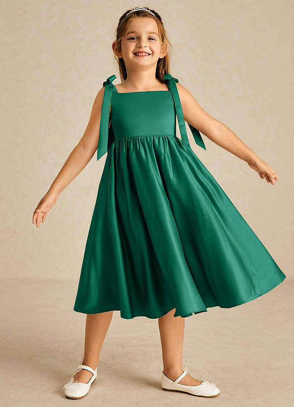 Azazie Chelsie Flower Girl Dresses Emerald A-Line Bow Matte Satin Dress image1