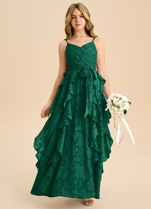 Azazie Peyton Junior Vestido de Esmeralda de Devorado Floral de Corte en A con Plisado image1