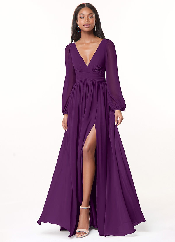 Azazie Norah Robes Demoiselle d'honneur Robe Trapèze en Mousseline de soie Col en V, manches longues Grain De Raisin image1