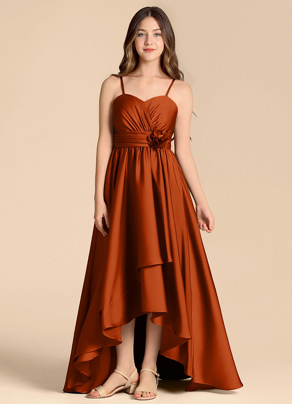 Azazie Catalina Junior Abito A-Line in Raso Elasticizzato Scollo a Cuore Arancia Bruciata image1