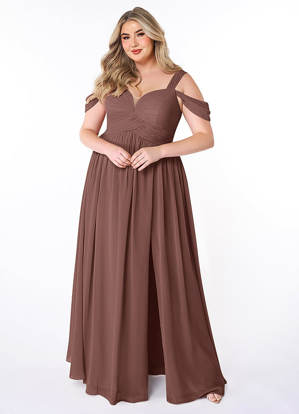 Azazie Lianne Bridesmaid Dresses Espresso A-Line Off the Shoulder Chiffon Dress image1