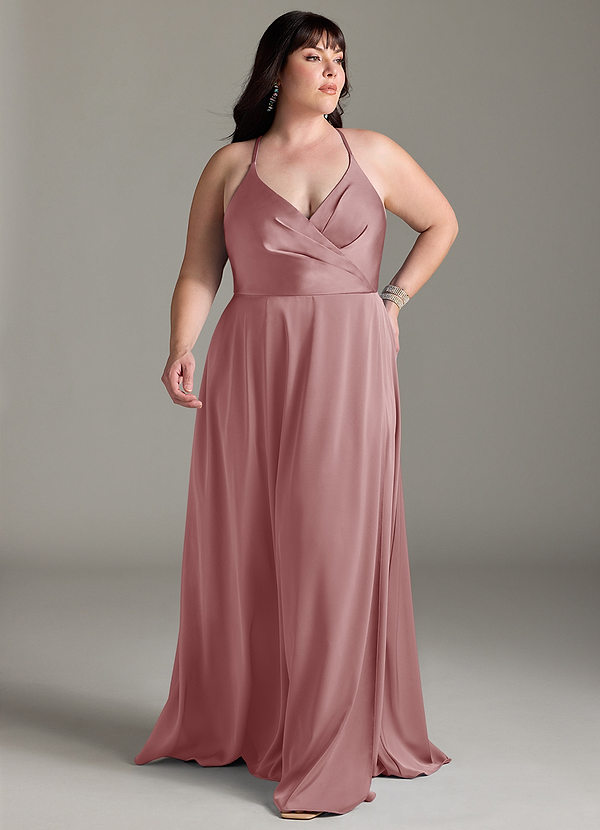 Azazie Davis Robes Demoiselle d'honneur Robe Trapèze en Satin extensible Plissée Rose Poussiéreuse image1