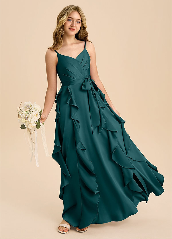 Azazie Peyton Junior Robe Trapèze en Satin extensible Plissée Vert Pin image1