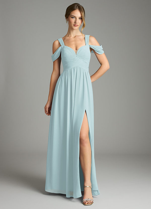Azazie Lianne Bridesmaid Dresses Mist A-Line Off the Shoulder Chiffon Dress image1