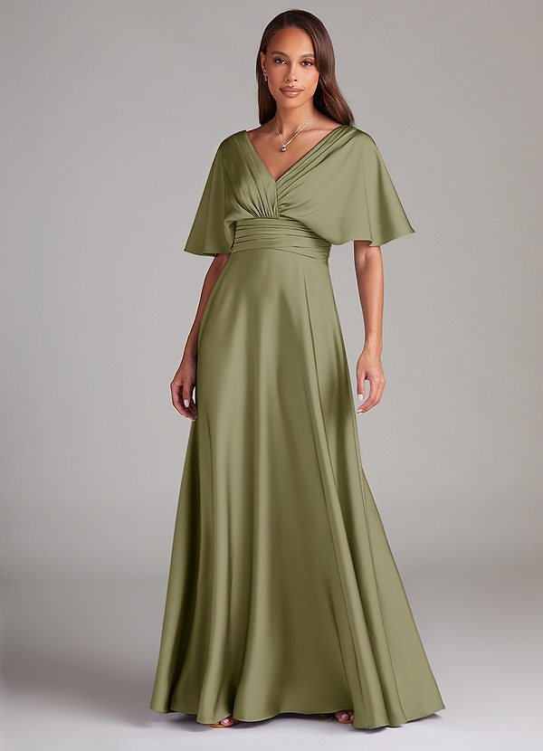 Azazie Pamela Bridesmaid Dresses Pistachio A-Line Pleated Stretch Satin Dress image1