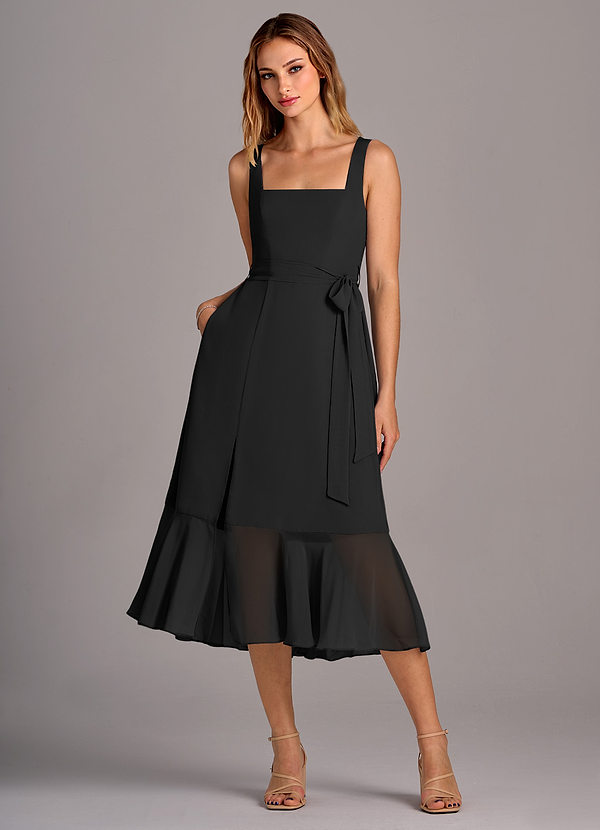 Azazie Deb Bridesmaid Dresses Black A-Line with Pockets Chiffon Convertible Dress image1
