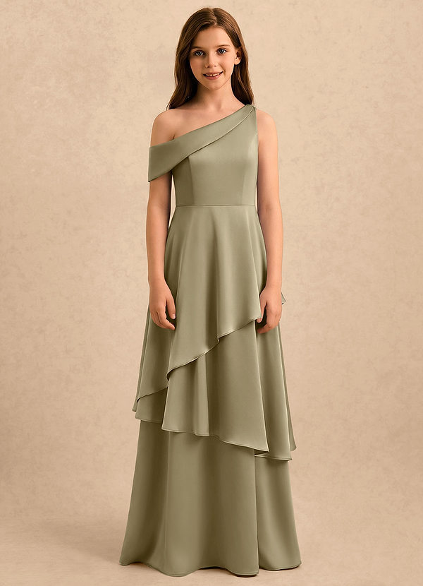 Azazie Shyloh Girls Formal Sukienki dla dziewczynek sypiących kwiaty Linia A Zza ramienia Satyna elastyczna Długość podłogi Sukienka image1