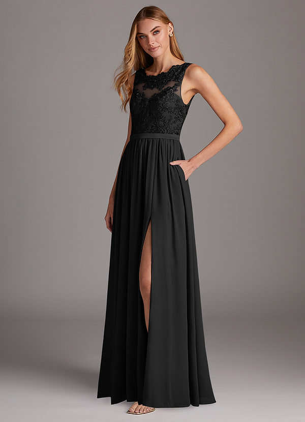 Azazie Elly Bridesmaid Dresses Black A-Line Lace Scoop Neck Chiffon Dress image1