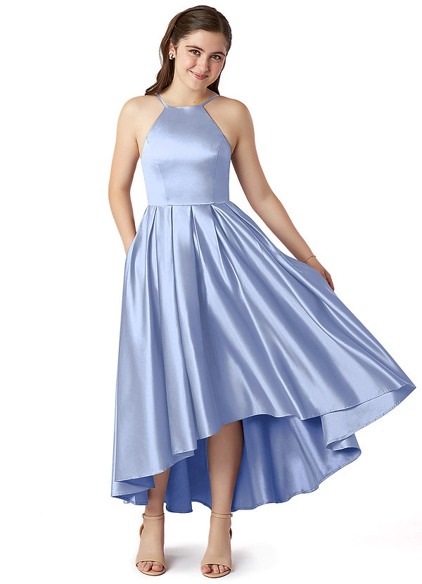 Azazie Jemima Junior Ice A-Line with Pockets Stretch Satin Dress image1