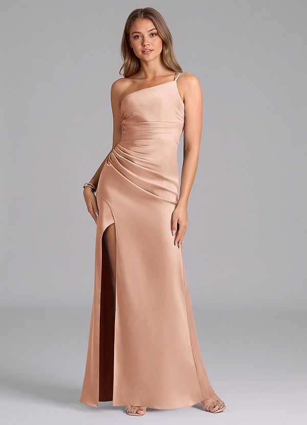 Azazie Eren Robes de demoiselle d'honneur Robe Sirène en Satin extensible Asymétrique Or Rose image1