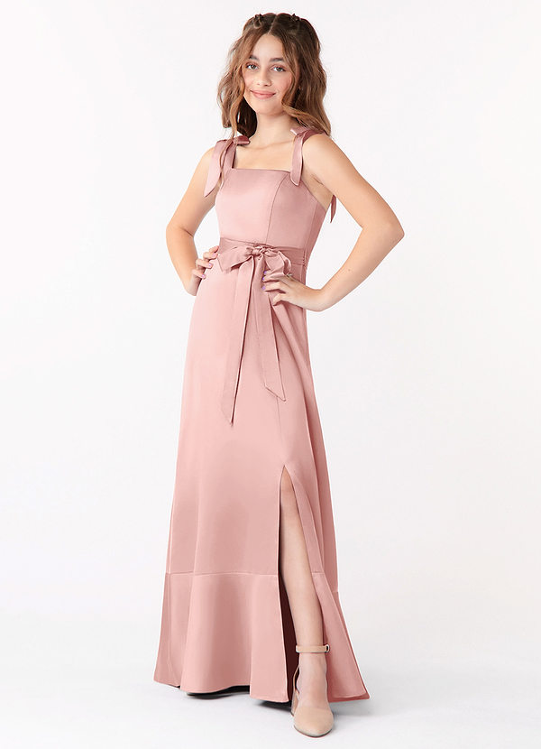 Azazie Barbara Junior Rose Gold A-Line Bow Matte Satin Dress image1