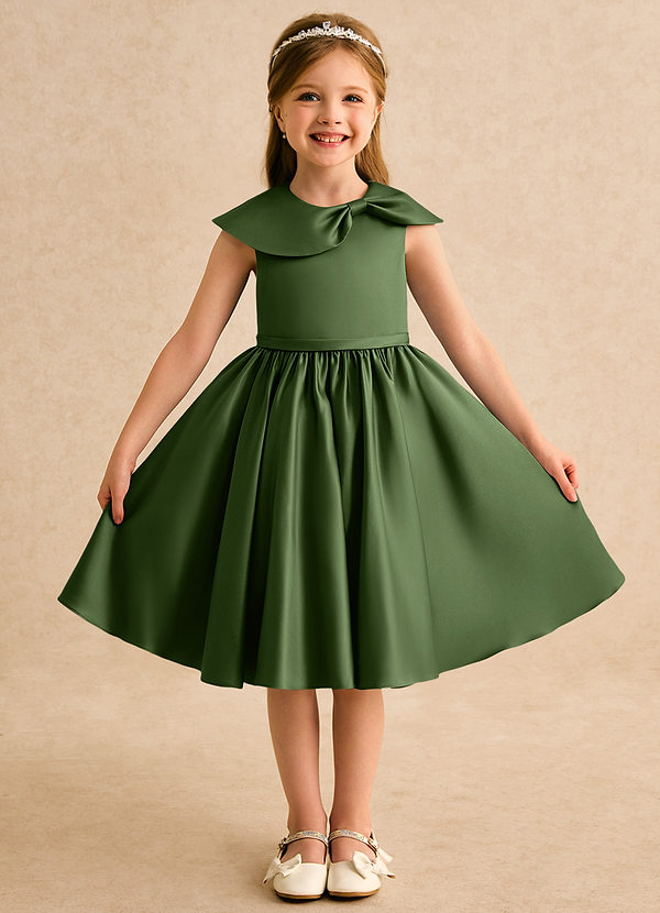 Azazie Acorn Flower Girl Dresses Olive A-Line Pleated Matte Satin Dress image1