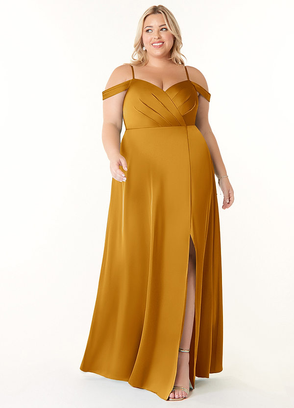 Azazie Ocean Bridesmaid Dresses Butterscotch A-Line V-Neck Pleated Stretch Satin Dress image1