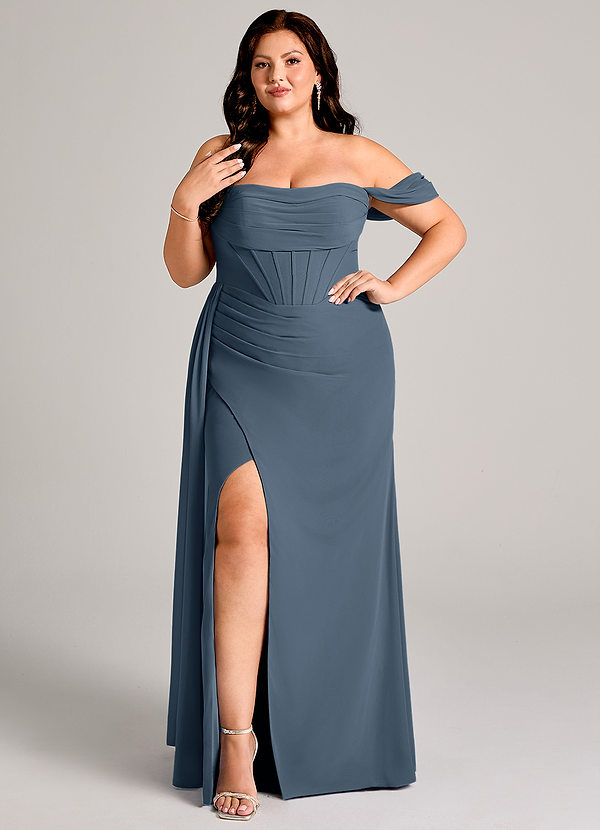 Azazie Amyra Abiti da Damigella Abito Convertibile Tubino in Chiffon a Spalla Scoperta Blu Nettuno image1