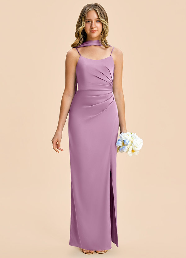Azazie Calandra Junior Wisteria Sheath Pleated Stretch Satin Dress image1