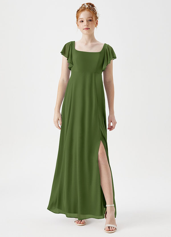 Azazie Bondi Junior A-Linie Seitliche Cut-Outs Gittergewebe Kleid Olivgrün image1