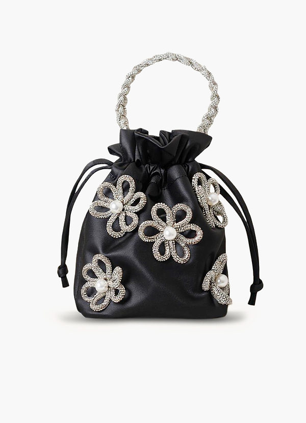 front Bolso tipo cubo de satén con flores y diamantes de imitación