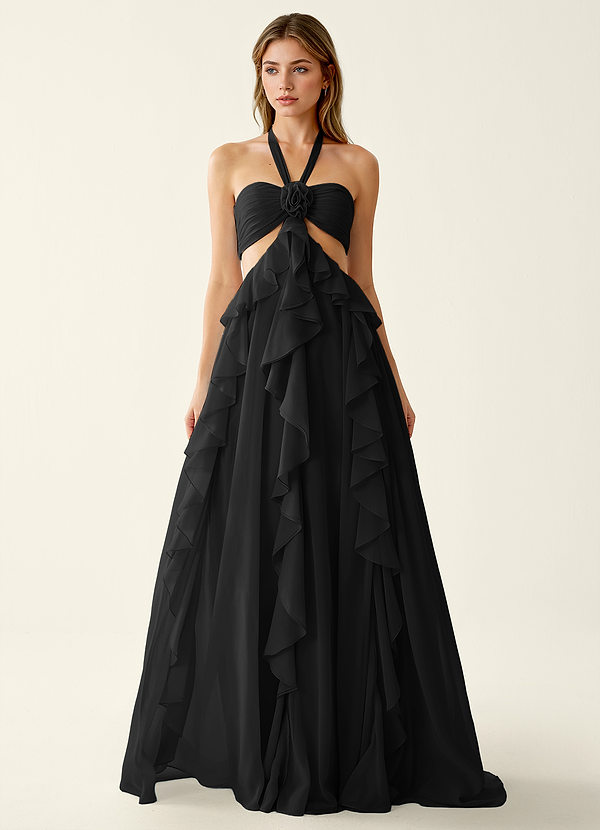 Gelsomina Black Chiffon 3D Flowers Ruffled A-line Prom Dress image1