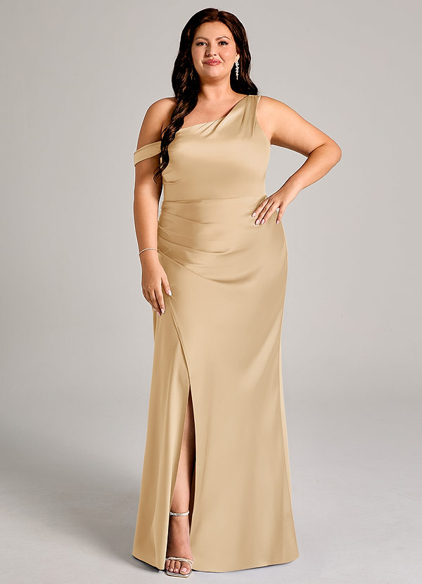 Azazie Madelyn Bridesmaid Dresses Gold Mermaid One Shoulder Stretch Satin Convertible Dress image1