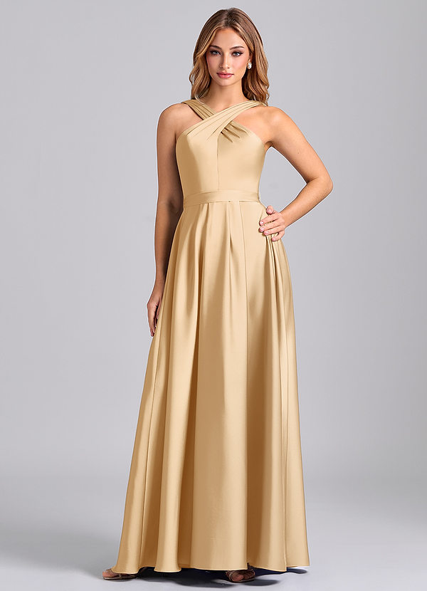 Azazie Dixie Suknie dla druhen Linia A Pofałdowany Satyna elastyczna Do ziemi Sukienka image1