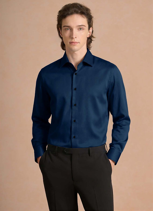 front Julian Dark Navy Stretch Satin Dress Shirt