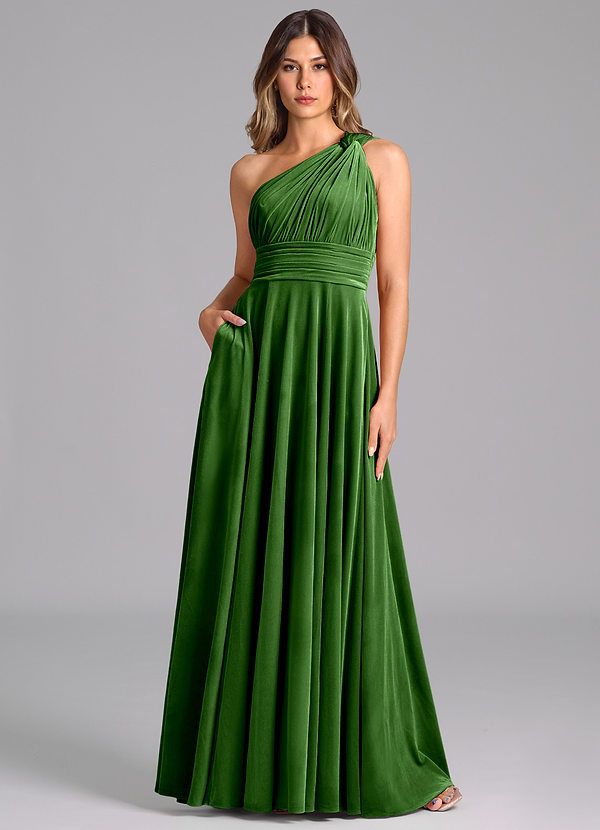 Azazie Charlize Brautjungfernkleider A-Linie One-Shoulder Samt Kleid Efeu image1