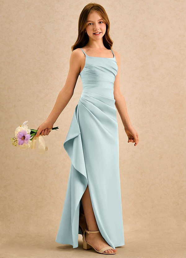 Azazie Cannoli Girls Formal Abiti da Ragazza di Fiori Abito A-Line in Raso Elasticizzato Plissettato Nebbia image1