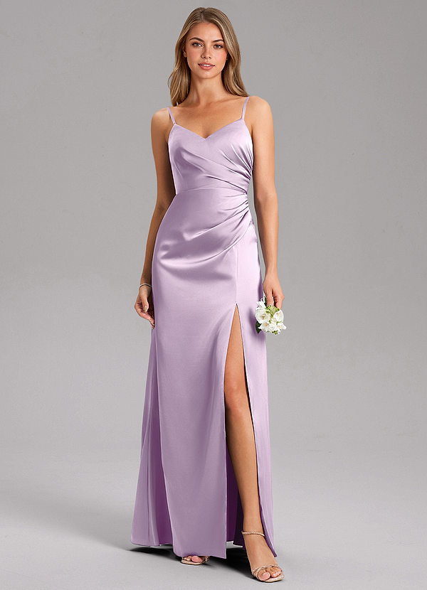Azazie Azuree Bridesmaid Dresses Frosted Lilac A-Line Pleated Stretch Satin Dress image1